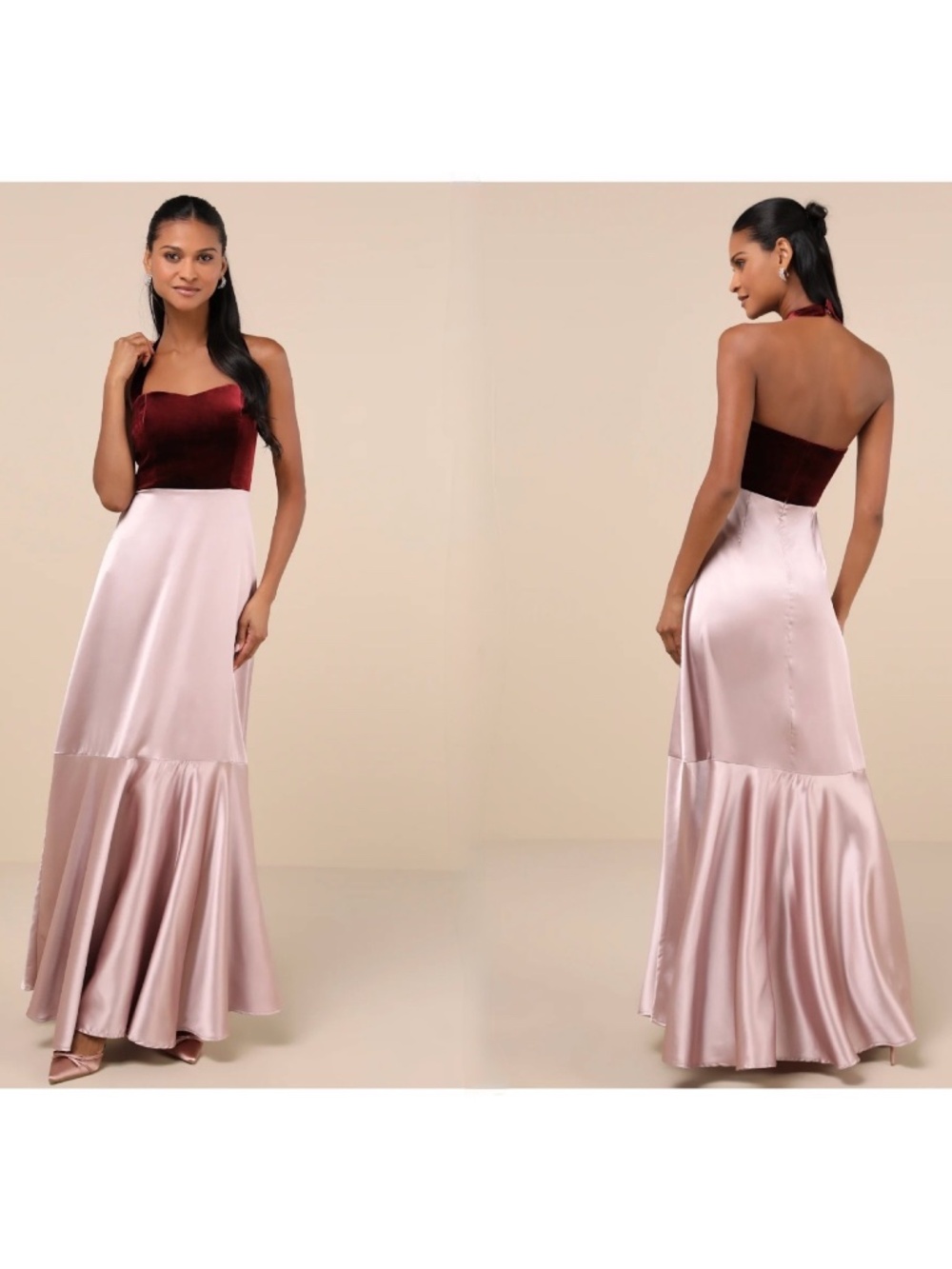NWOT Lulus Mesmerizing Impression Mauve Pink Mixed Media Halter Maxi Dress S